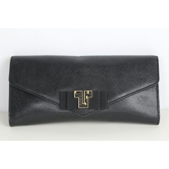Tory Burch Black Deco Saffiano Leather Clutch Bag Evening Elegant Chic Purse - Picture 2 of 16